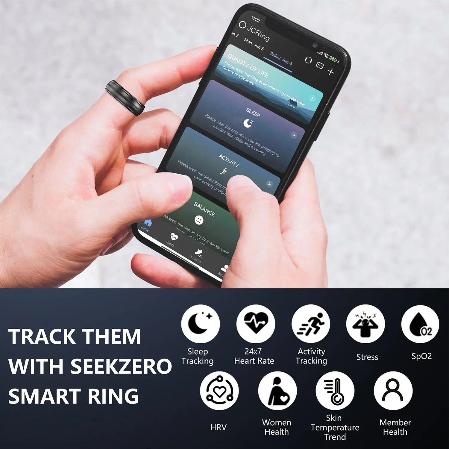 SeekZero Smart Ring Black,health monitor ring,sleep ring - No App Subscription, with Sizing Kit, 7-10 Days Battery Life, Activity & Sleep Tracker, Stress & Heart Rate Monitor SeekZero