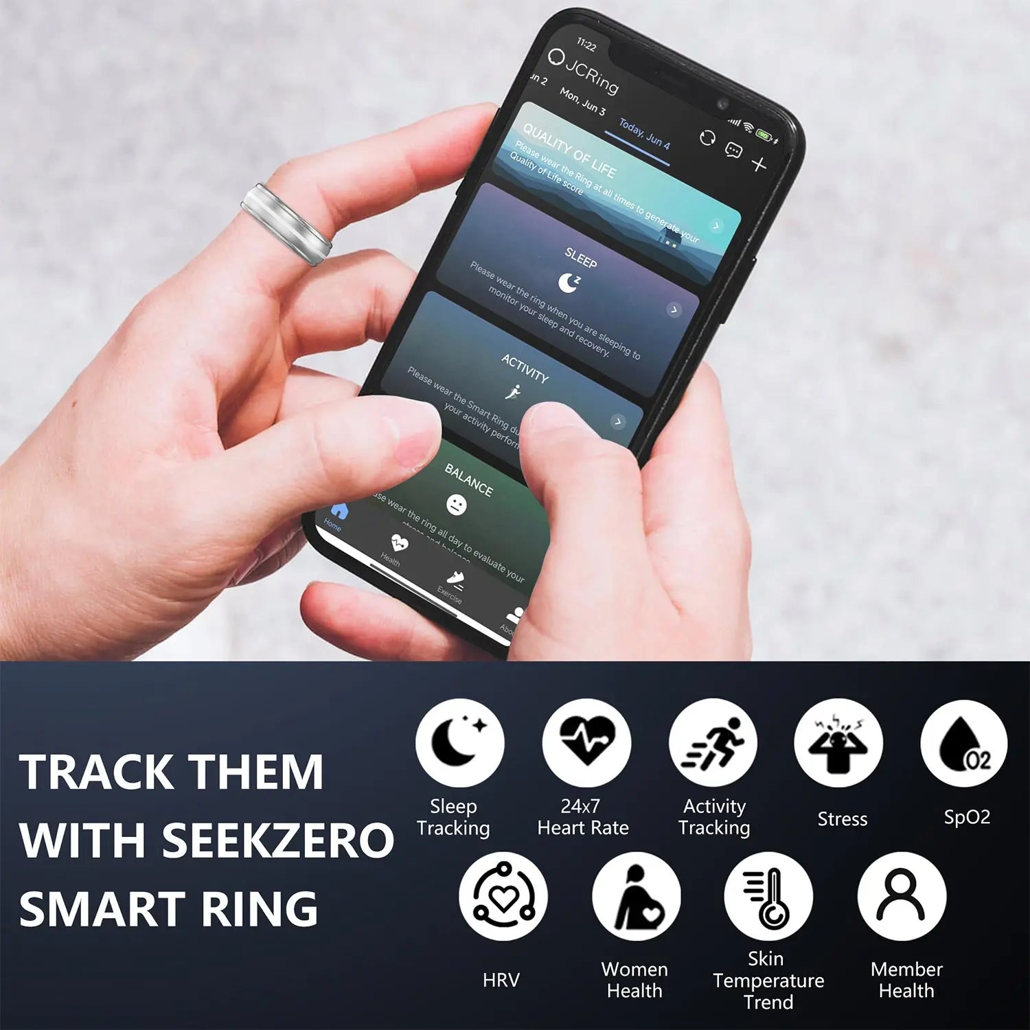 SeekZero Smart Ring Sliver,health monitor ring,sleep ring - No App Subscription, with Sizing Kit, 7-10 Days Battery Life, Activity & Sleep Tracker, Stress & Heart Rate Monitor SeekZero