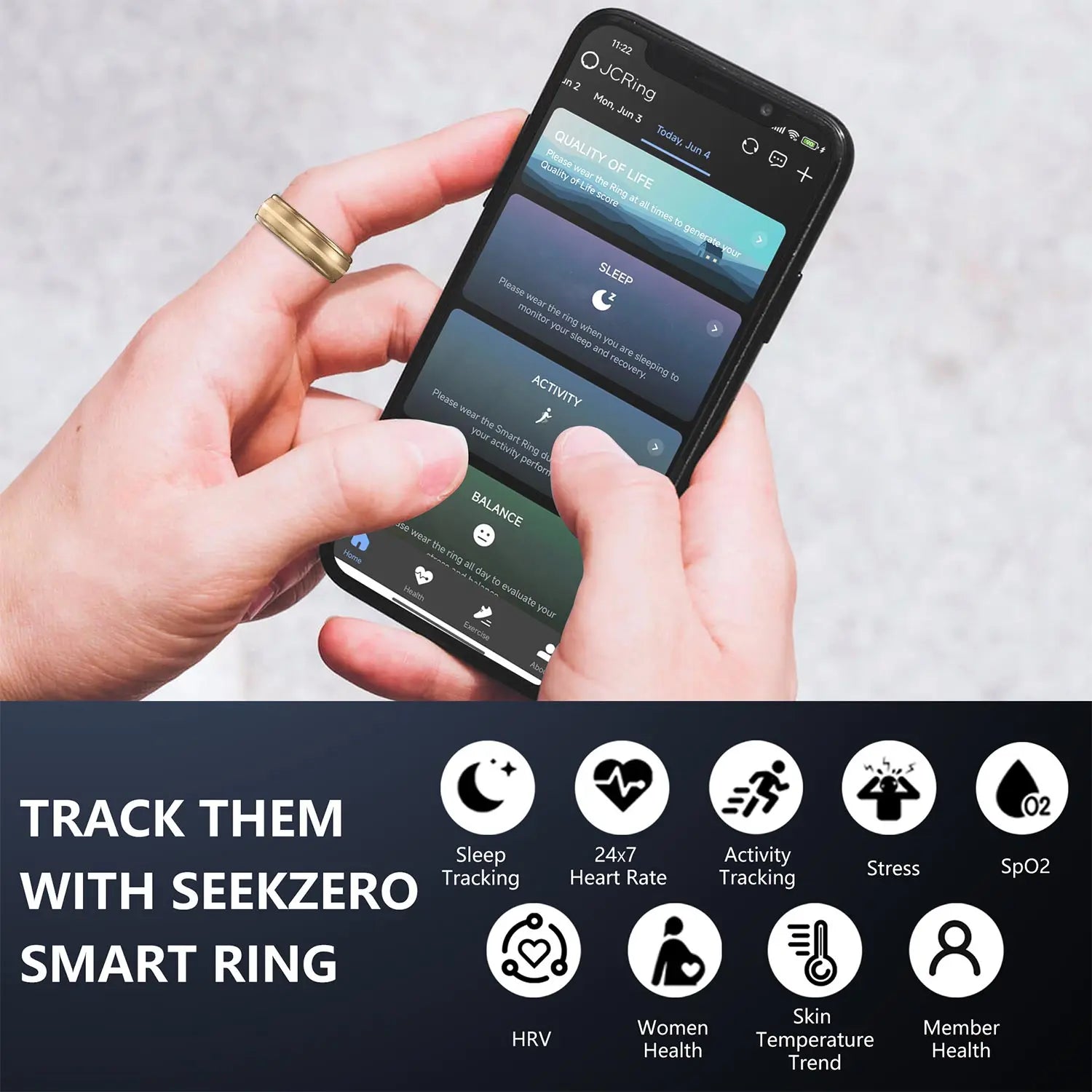 SeekZero Smart Ring Rose Gold,health monitor ring,sleep ring - No App Subscription, with Sizing Kit, 7-10 Days Battery Life, Activity & Sleep Tracker, Stress & Heart Rate Monitor SeekZero